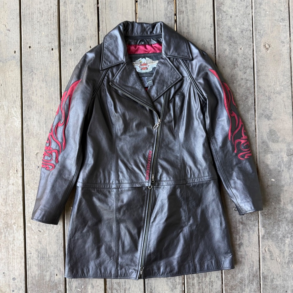 Harley-Davidson Women Black Leather 5-in-1 Convertible Flame Jacket Skirt Set 12